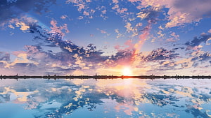Studio Ghibli Style Sunset Over Calm Water With Cloud Reflections HD wallpaper