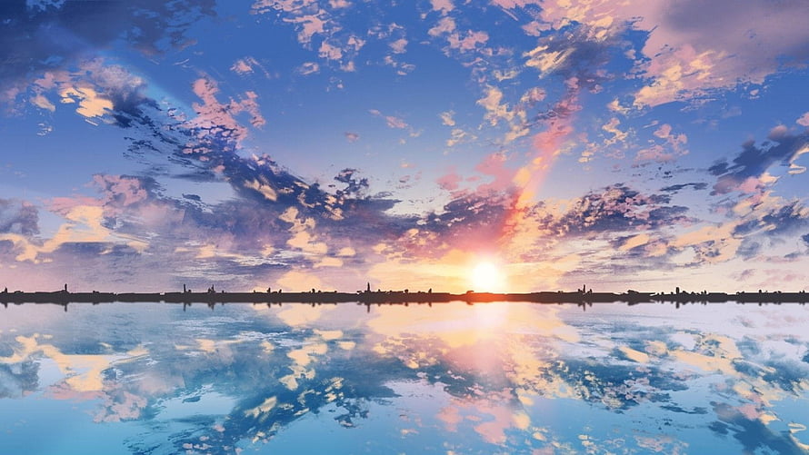 Studio Ghibli Style Sunset Over Calm Water With Cloud Reflections HD wallpaper
