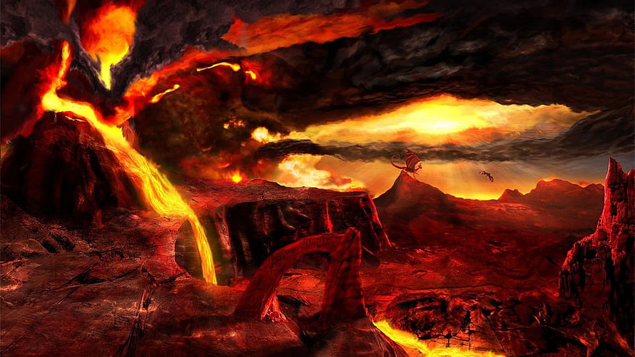 Fiery Inferno Landscape with Volcanic Eruption and Dark Stormy Sky HD wallpaper