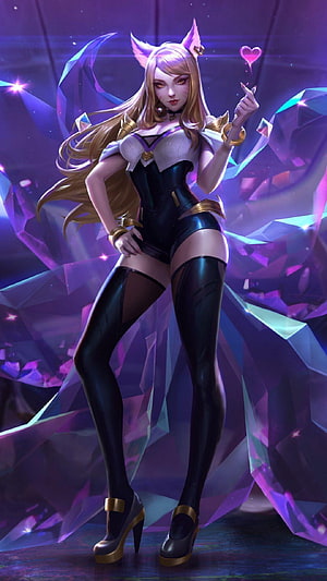 KDA Ahri from League of Legends in a sleek black bodysuit with glowing crystal shards and a floating heart HD phone wallpaper