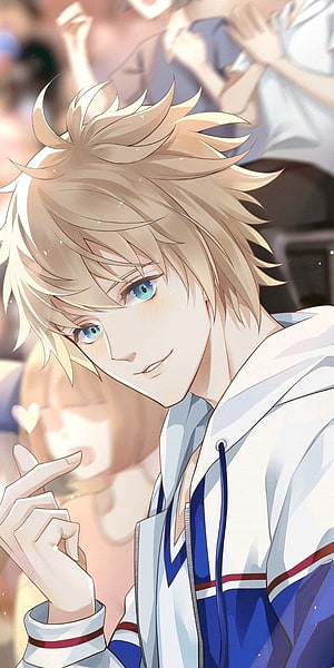Blond Anime Boy in White and Blue Track Jacket with Soft Blue Eyes HD phone wallpaper