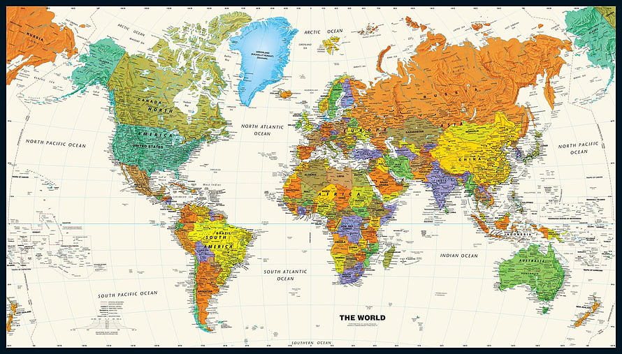 Detailed Political World Map with Colorful Country Borders and Ocean Labels HD wallpaper