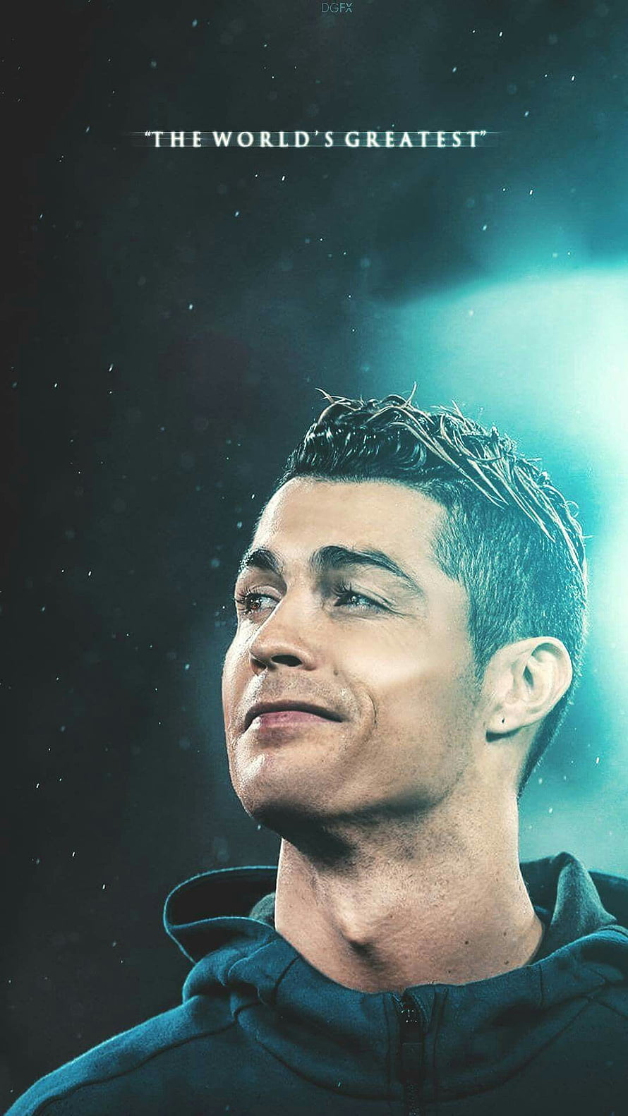 Cristiano Ronaldo Portrait in Dark Hoodie with Dramatic Teal Stadium Lighting HD phone wallpaper