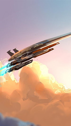 Mass Effect Normandy SR-2 Fighter Jet Soaring Through Golden Clouds at Sunset HD phone wallpaper