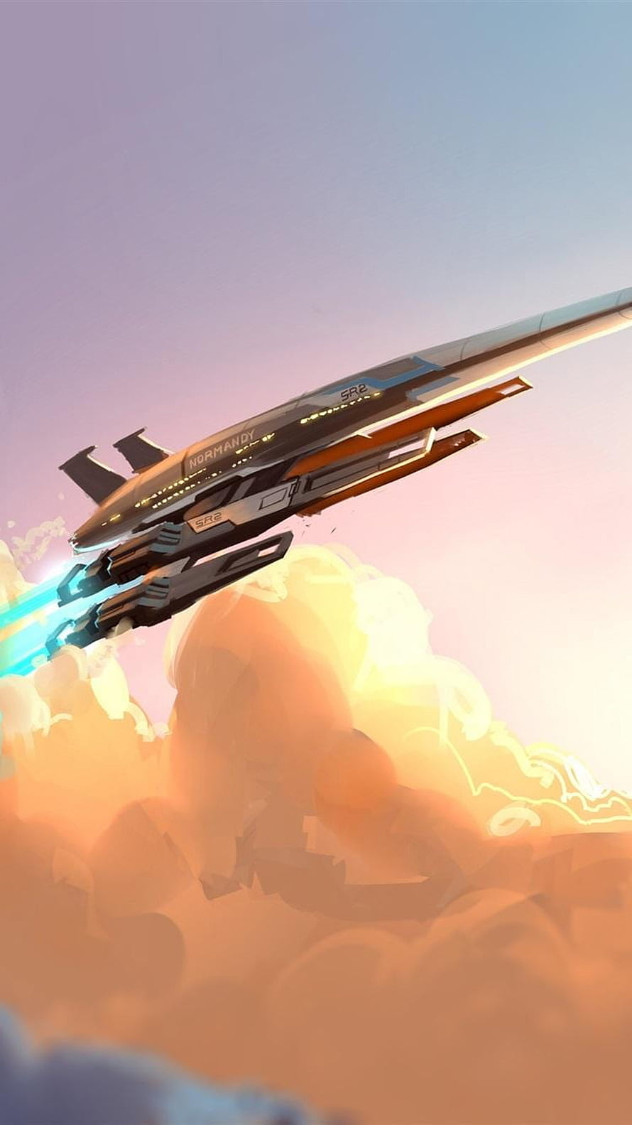 Mass Effect Normandy SR-2 Fighter Jet Soaring Through Golden Clouds at Sunset HD phone wallpaper