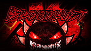 Bloodlust Geometry Dash Demon Level Icon with Glowing Red Grin and Occult Symbols HD wallpaper
