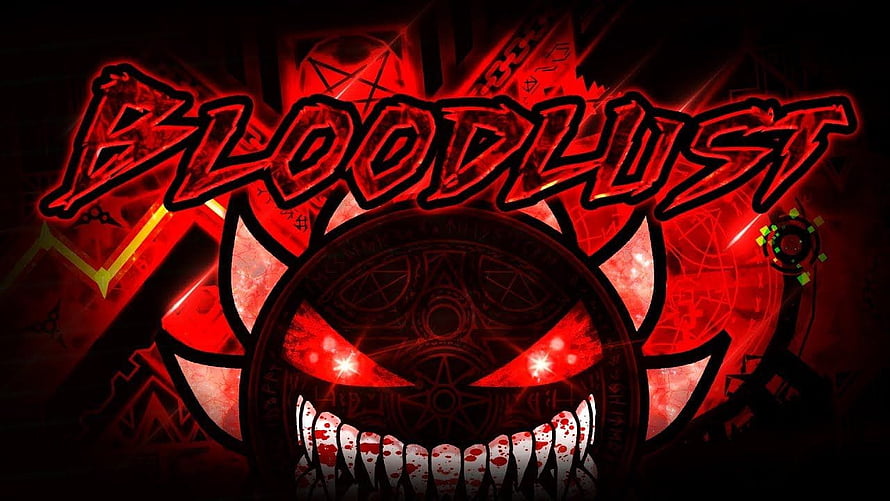 Bloodlust Geometry Dash Demon Level Icon with Glowing Red Grin and Occult Symbols HD wallpaper