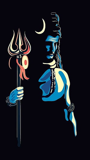 Lord Shiva Profile Illustration Holding Trishula and Damaru with Crescent Moon HD phone wallpaper