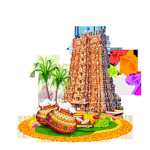 Pongal Festival Greeting Card With Temple, Pot, Fruits, and Marigold Garland HD phone wallpaper