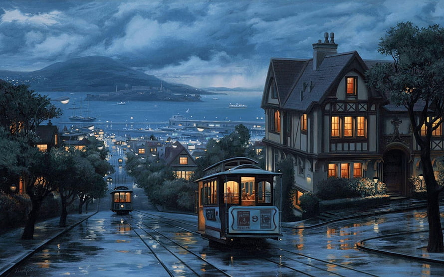 Rainy Evening Street Scene with Vintage Cable Cars and Victorian Architecture HD wallpaper