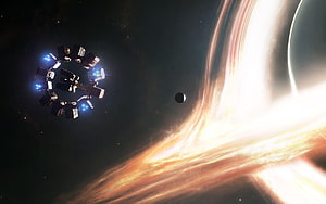 Interstellar Space Station Orbiting a Glowing Gas Giant Planet in Deep Space HD wallpaper