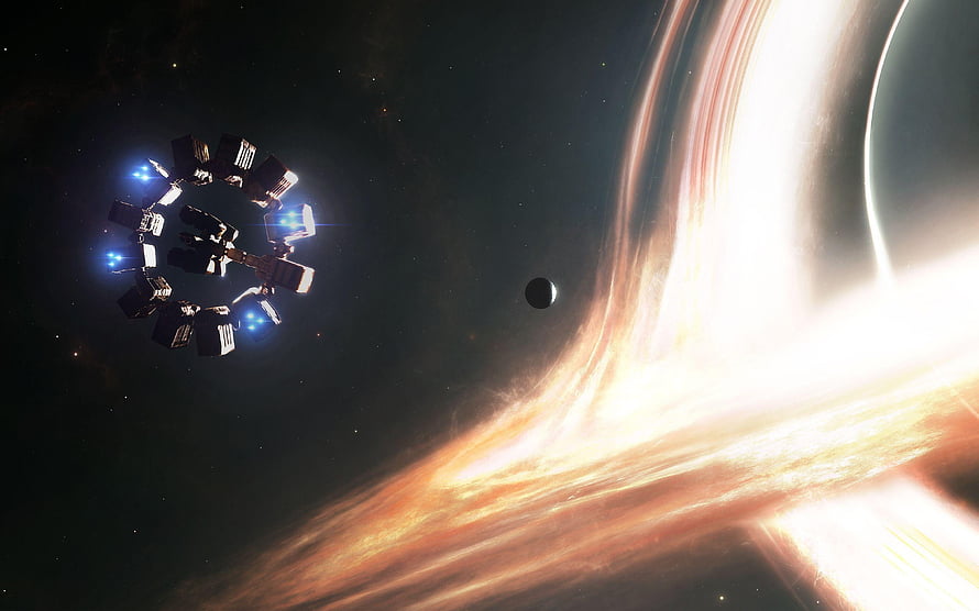 Interstellar Space Station Orbiting a Glowing Gas Giant Planet in Deep Space HD wallpaper