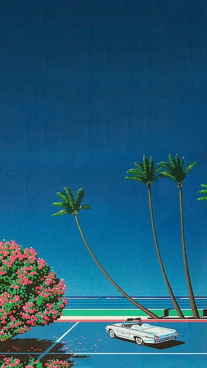 Hiroshi Nagai Retro Coastal Illustration with Classic Car and Palm Trees HD phone wallpaper