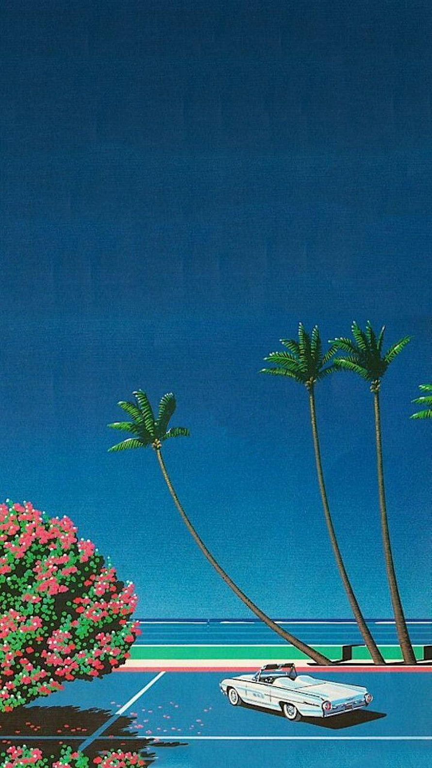 Hiroshi Nagai Retro Coastal Illustration with Classic Car and Palm Trees HD phone wallpaper