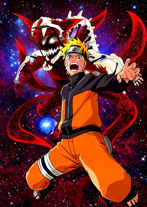 Uzumaki Naruto in Nine-Tails Chakra Mode with Kurama Behind Him Against a Cosmic Nebula Background HD phone wallpaper