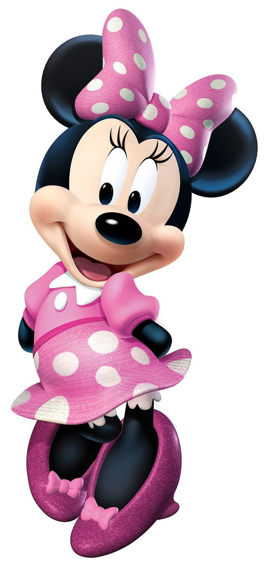 Minnie Mouse in a pink polka dot dress and bow with a cheerful smile on a white background HD phone wallpaper