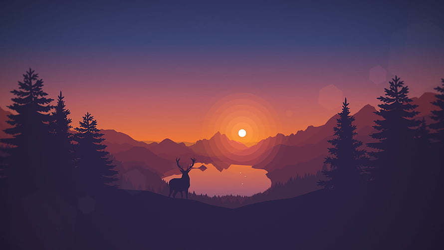 Firewatch Deer Silhouette at Sunset Over Mountain Lake and Pine Forest HD wallpaper