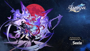 Seele Character Art from Honkai Star Rail with Red Moon and Purple Energy Effects HD wallpaper