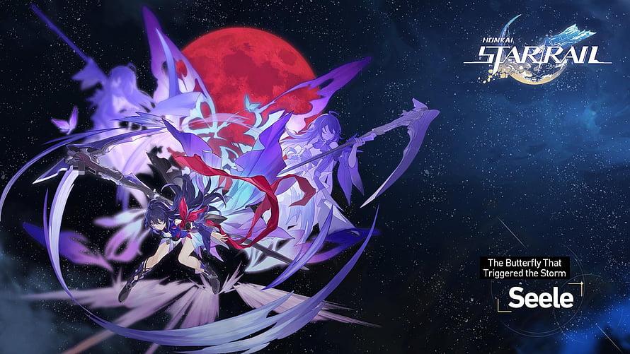 Seele Character Art from Honkai Star Rail with Red Moon and Purple Energy Effects HD wallpaper