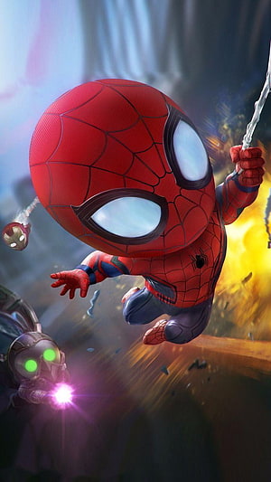 Chibi Spider-Man Swinging Through Explosive Battle Scene with Ant-Man HD phone wallpaper