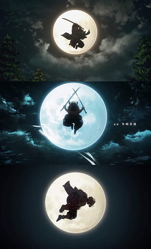 Demon Slayer Moon Scene: Tanjiro, Zenitsu, and Inosuke Silhouetted Against the Full Moon HD phone wallpaper