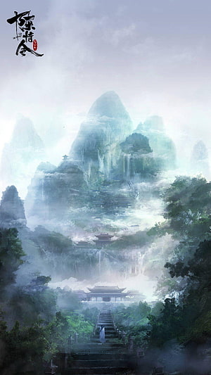 The Untamed Misty Mountain Temple Concept Art with Traditional Architecture and Waterfalls HD phone wallpaper