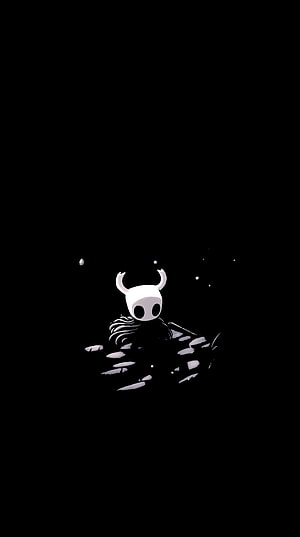 Hollow Knight Horned Mask Character Emerging from Dark Water in Minimalist Black and White Art HD phone wallpaper