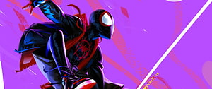 Miles Morales in dynamic action pose from Spider-Man Into the Spider-Verse with vibrant purple background HD wallpaper