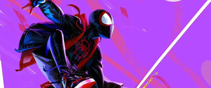 Miles Morales in dynamic action pose from Spider-Man Into the Spider-Verse with vibrant purple background HD wallpaper
