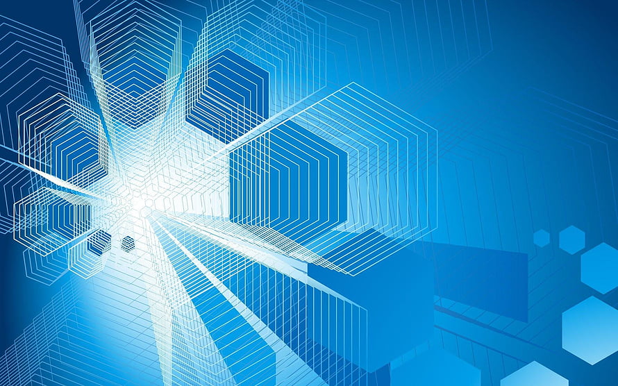 Abstract Blue Geometric Wireframe Tunnel with Hexagonal Patterns and Digital Light Rays HD wallpaper