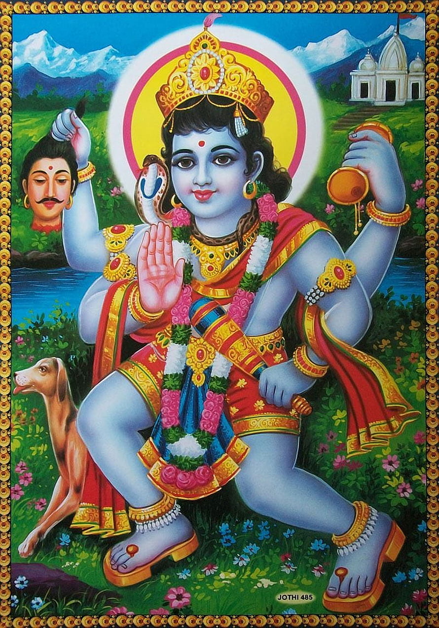 Kaal Bhairav Hindu Deity Artwork With Four Arms, Serpent, and Dog in a Lush Garden HD phone wallpaper