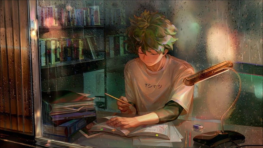 Anime Boy Studying at Desk in Rainy Room with Books and Lamp HD wallpaper