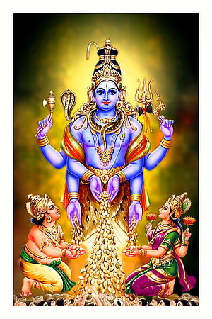 Lord Shani Dev Bestowing Wealth Upon Lakshmi and Kubera in Traditional Indian Art HD phone wallpaper