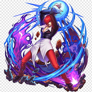 Iori Yagami unleashing KOF anime artwork with blue and purple energy aura HD phone wallpaper