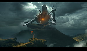 Lord Shiva Meditating on a Mountain Peak with a Tiny Devotee Below HD wallpaper