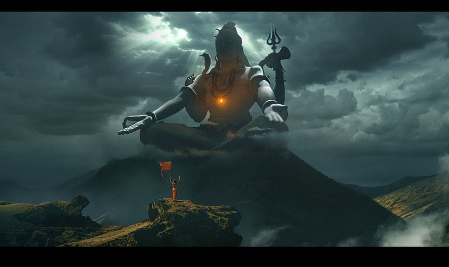 Lord Shiva Meditating on a Mountain Peak with a Tiny Devotee Below HD wallpaper