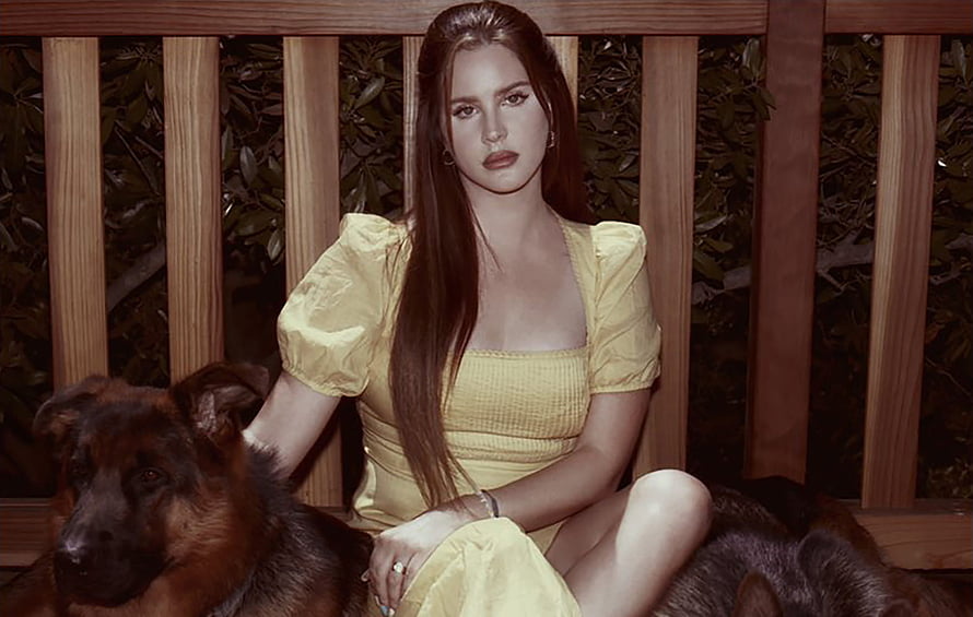 Lana Del Rey in Yellow Dress with Dog on Wooden Bench HD wallpaper