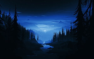 Dark Blue Minimalist Night Forest Landscape with River and Moon HD wallpaper