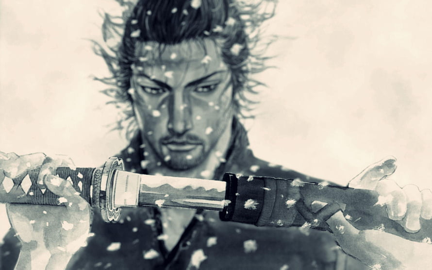 Miyamoto Musashi Drawing Sword in Snow from Vagabond Manga HD wallpaper