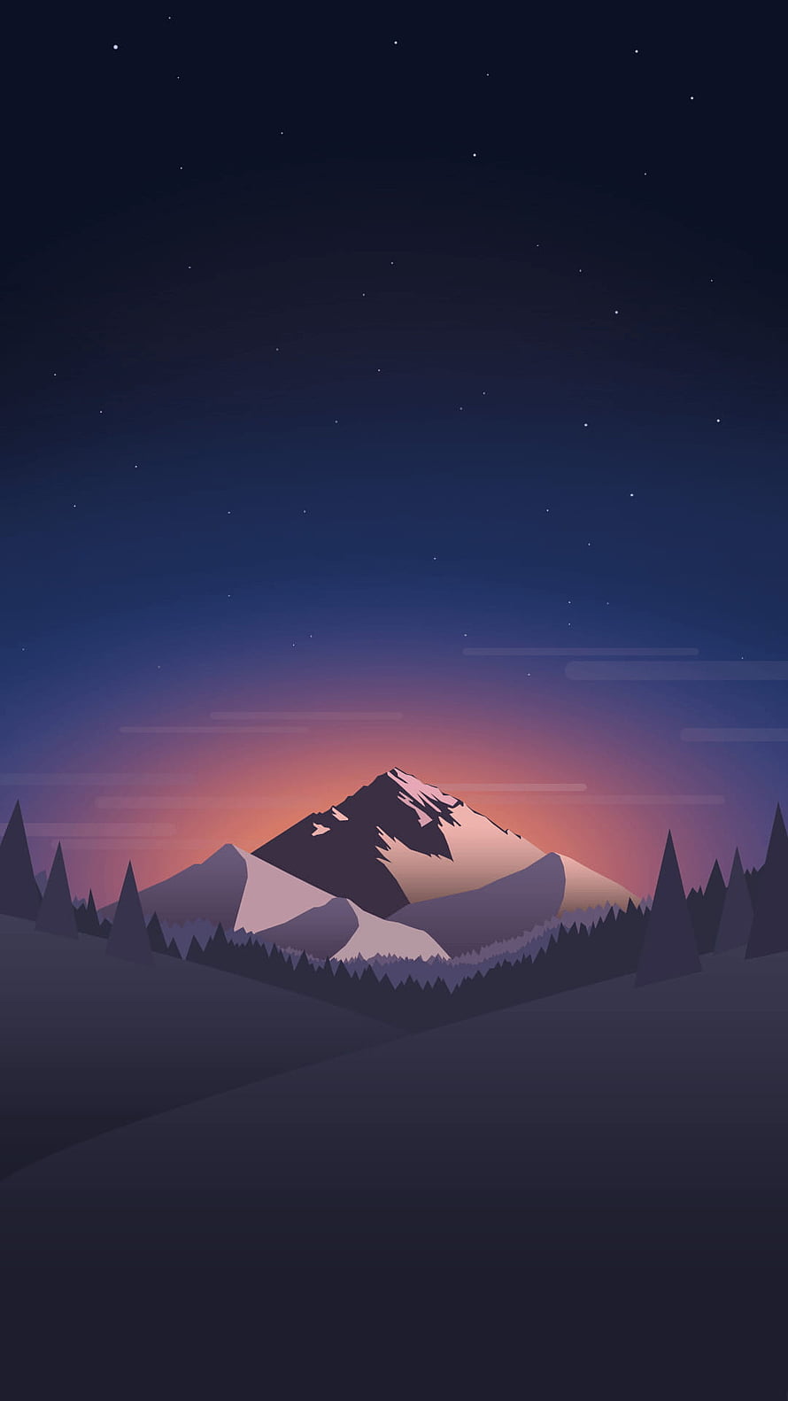 Minimalist Flat Design Mountain Landscape at Night with Starry Sky and Pine Forest HD phone wallpaper