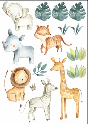 Cute Watercolor Safari Animals with Tropical Leaves Nursery Art HD phone wallpaper