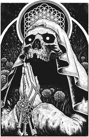 Black and White Skull in Prayer with Rosary and Keys in Gothic Style HD phone wallpaper
