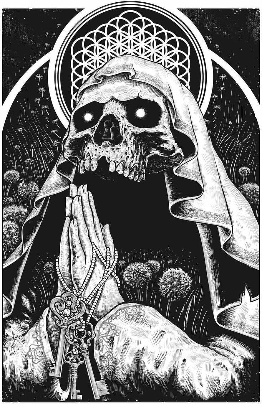 Black and White Skull in Prayer with Rosary and Keys in Gothic Style HD phone wallpaper