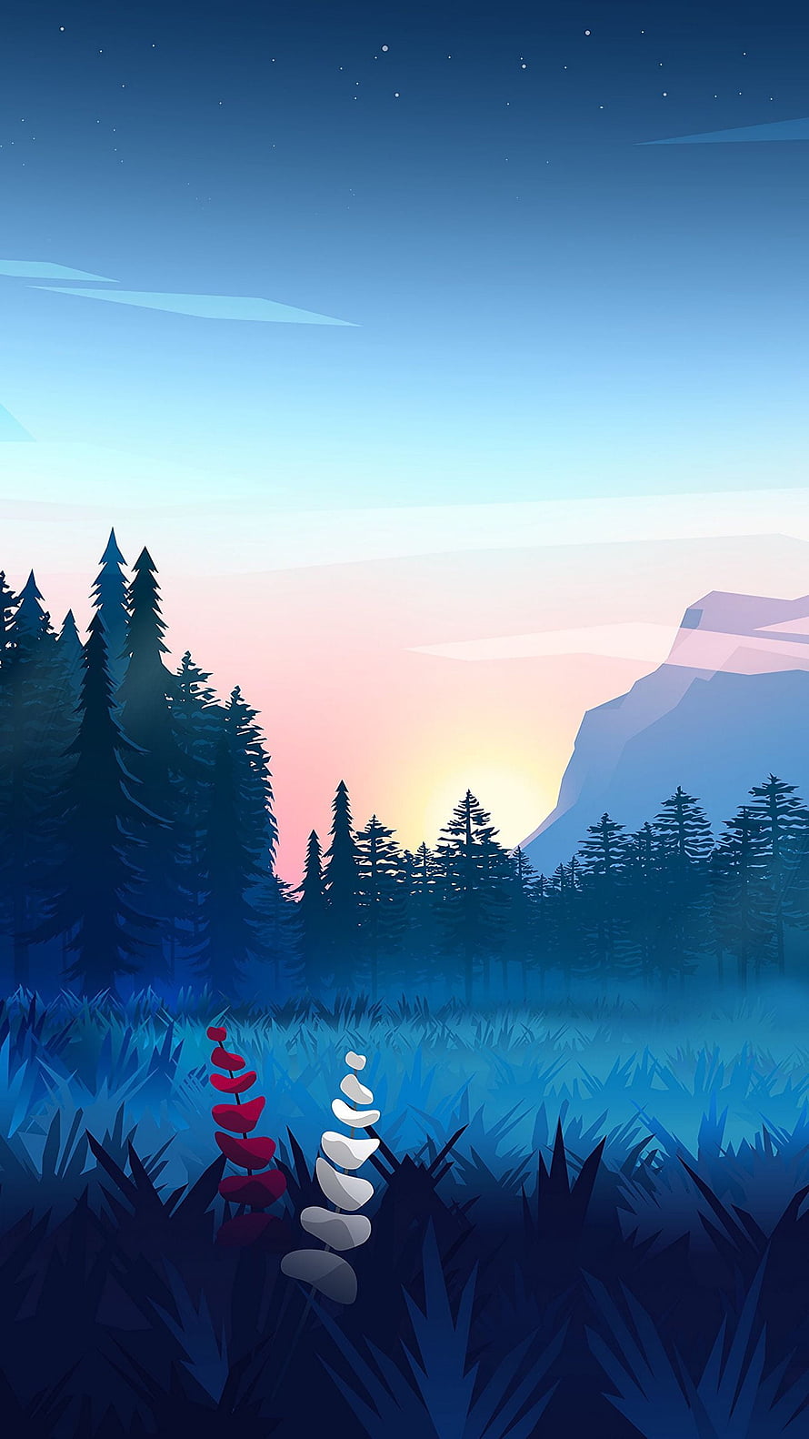Serene Twilight Forest Landscape With Stacked Stones And Pine Trees HD phone wallpaper