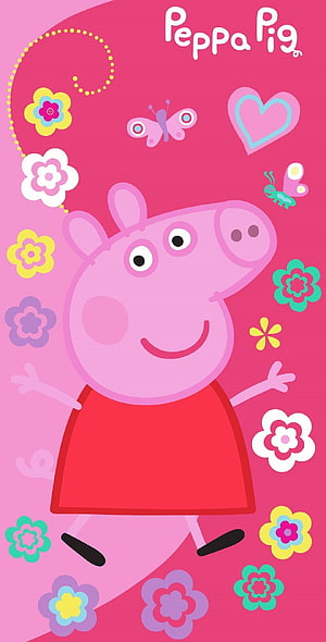 Peppa Pig in Red Dress Surrounded by Colorful Flowers and Butterflies on Pink Background HD phone wallpaper