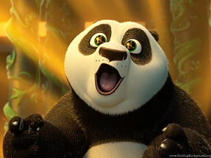 Po from Kung Fu Panda 3 with an excited expression in a warm golden setting HD wallpaper