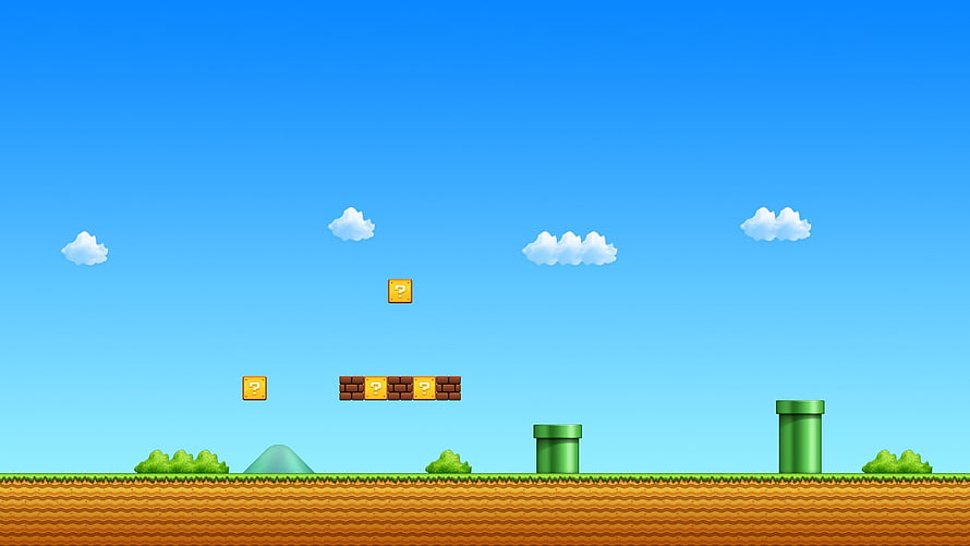 Super Mario Bros Classic Side-Scrolling Level with Question Blocks and Green Pipes HD wallpaper