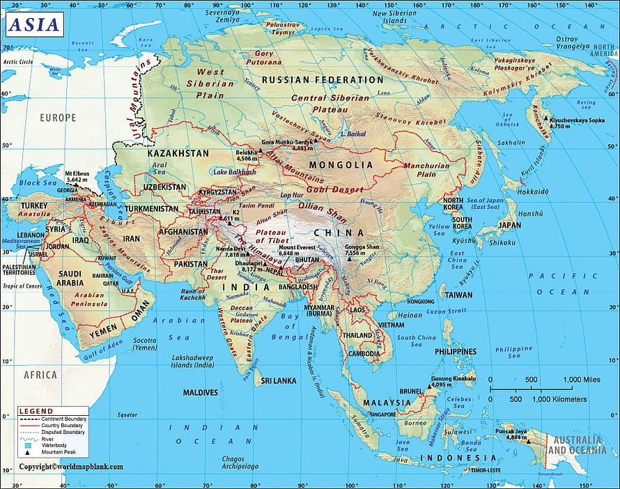 Detailed Political Map of Asia Showing Countries, Borders, and Major Geographic Features HD wallpaper