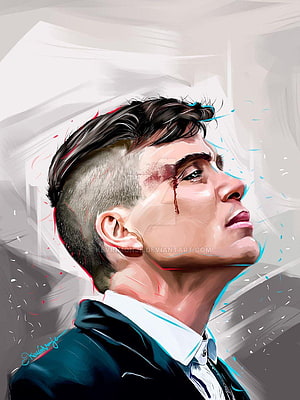 Thomas Shelby from Peaky Blinders in a dramatic digital portrait with a bruised eye and formal suit HD phone wallpaper