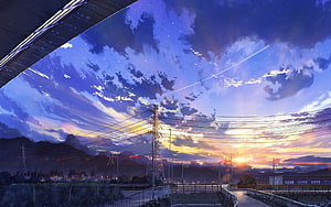 Anime Twilight Sky Over Rural Power Lines and Distant Mountains HD wallpaper